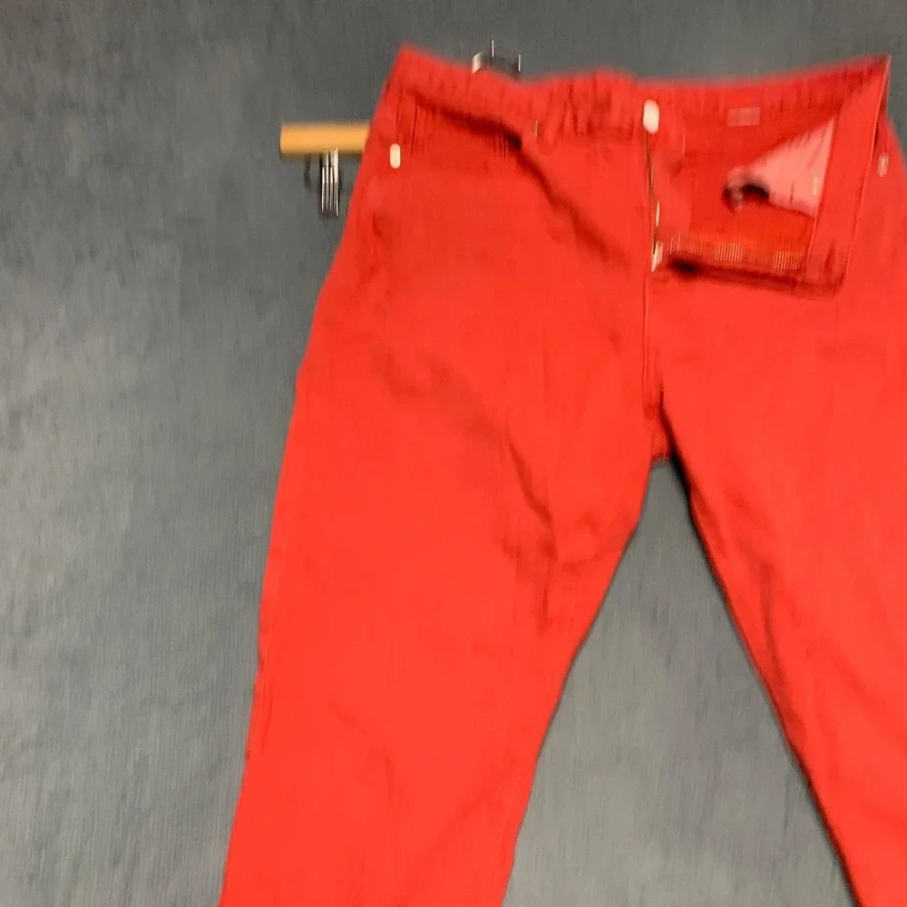 Mens Jeans 35x27 Red Denim Skinny Leg Regular Fit 5 Pockets Outdoor Frayed Hem